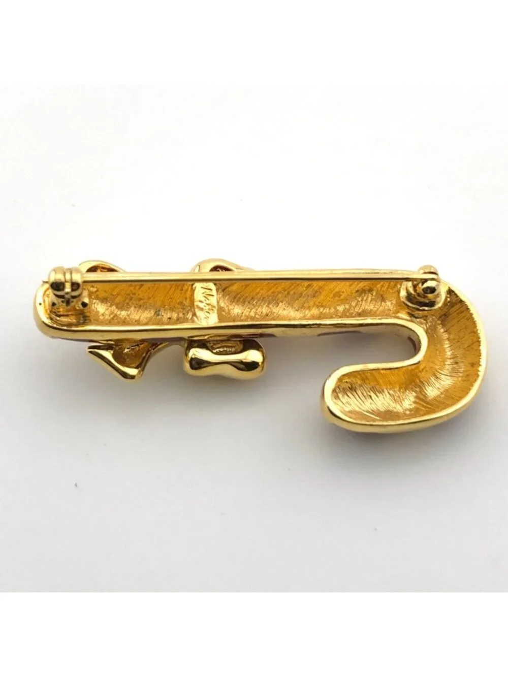 Napier Candy Cane Christmas Pin Brooch Gold Tone Red Enamel Bow Signed Vintage